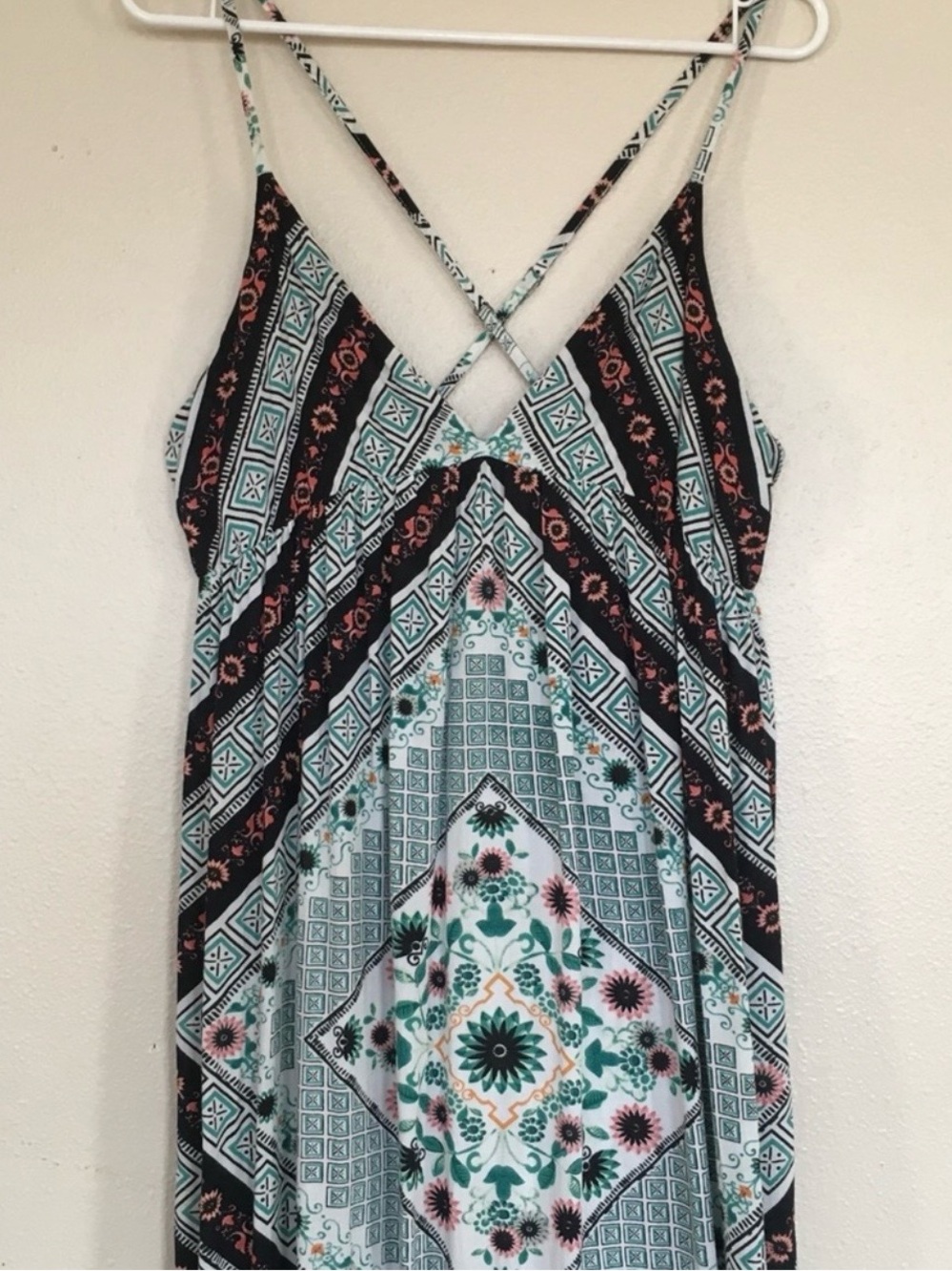 O'Neill Teal Black Pink Maxi Dress with Crisscross Straps